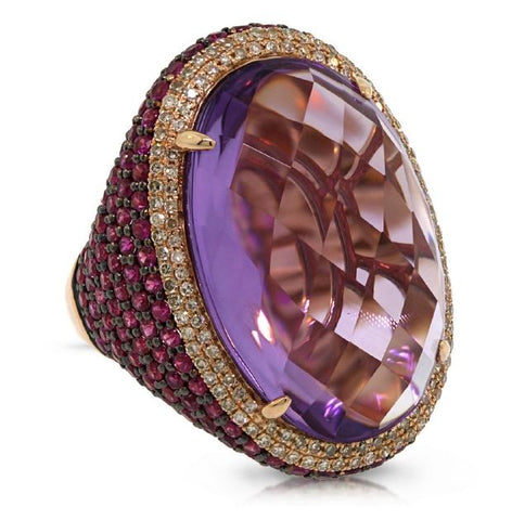 0.59 Ctw Diamond And 29.34 Ctw Amethyst And Pink Sapphire 14k Rose Gold Ring
