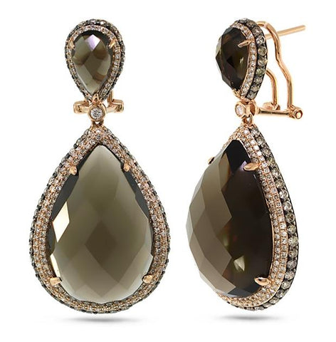 3.43 Ctw White And Champagne Diamond And 41.75 Ctw Smokey Topaz 14k Rose Gold Earring