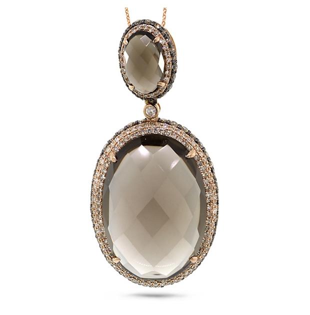 2.13 Ctw White And Champagne Diamond And 31.01 Ctw Smokey Topaz 14k Rose Gold Pendant Necklace With 18 Inch Chain