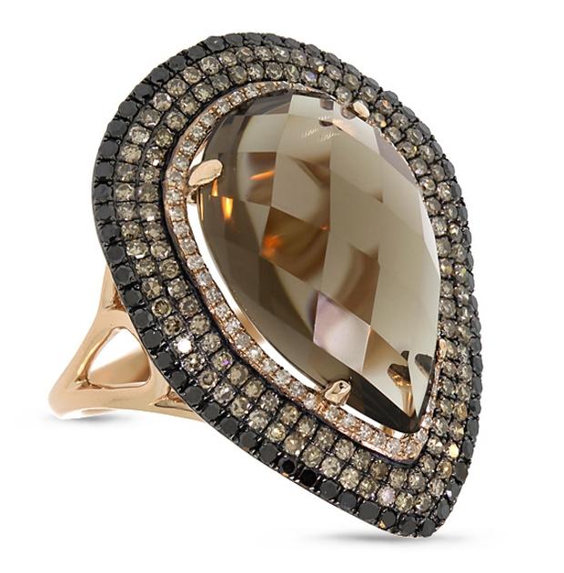 1.32 Ctw White, Champagne And Black Diamond And 11.70 Ctw Smokey Topaz 14k Rose Gold Ring