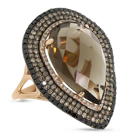 1.32 Ctw White, Champagne And Black Diamond And 11.70 Ctw Smokey Topaz 14k Rose Gold Ring