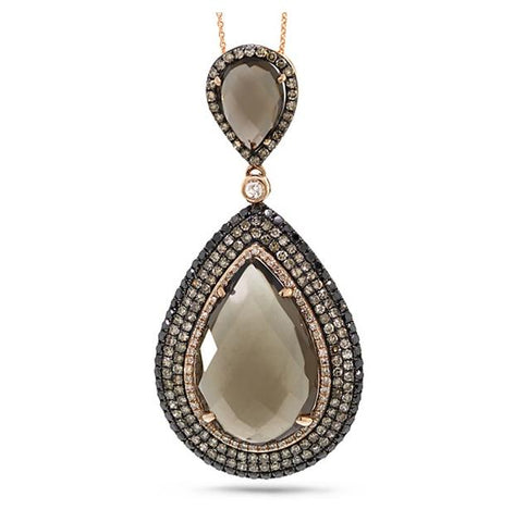 1.52 Ctw White, Champagne And Black Diamond And 13.80 Ctw Smokey Topaz 14k Rose Gold Pendant Necklace With 18 Inch Chain