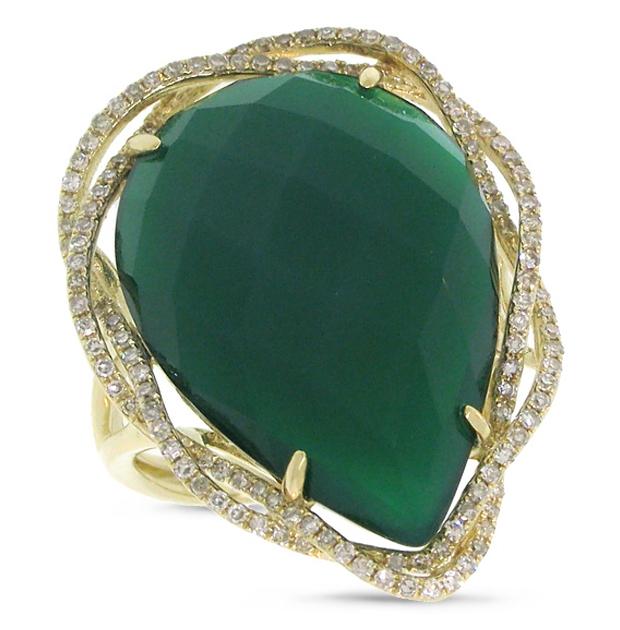 0.38 Ctw Diamond And 13.49 Ctw Green Agate 14k Yellow Gold Ring