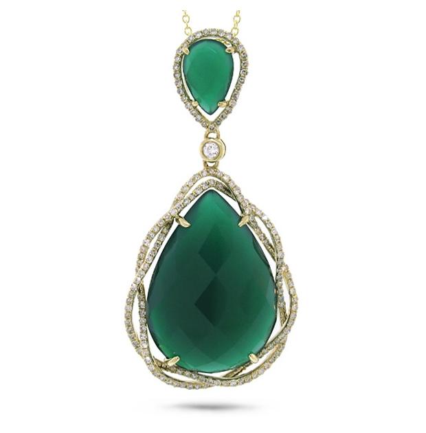 0.51 Ctw Diamond And 14.53 Ctw Green Agate 14k Yellow Gold Pendant Necklace With 18 Inch Chain