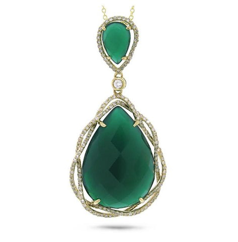 0.51 Ctw Diamond And 14.53 Ctw Green Agate 14k Yellow Gold Pendant Necklace With 18 Inch Chain