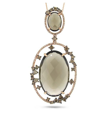 1.48 Ctw White And Champagne Diamond And 25.35 Ctw Smokey Topaz 14k Rose Gold Pendant Necklace With 18 Inch Chain