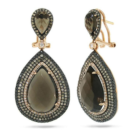 2.17 Ctw White, Champagne And Black Diamond And 21.18 Ctw Smokey Topaz 14k Rose Gold Earring