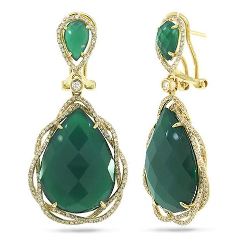 0.93 Ctw Diamond And 24.96 Ctw Green Agate 14k Yellow Gold Earring