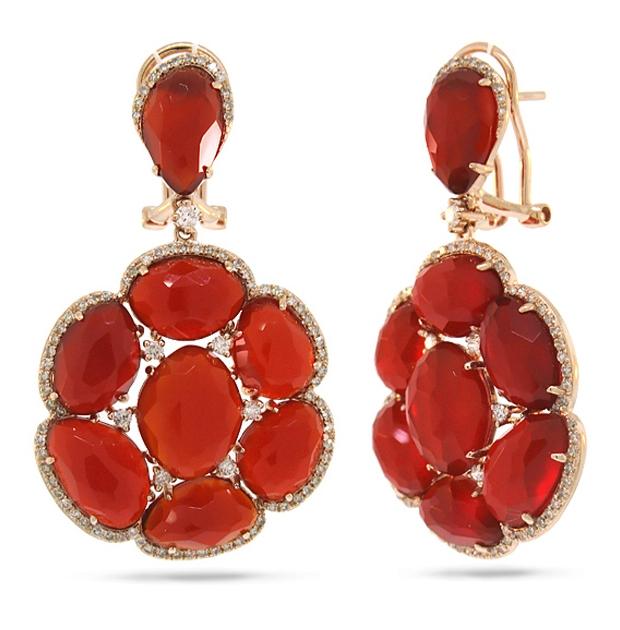 0.84 Ctw Diamond And 28.48 Ctw Red Agate 14k Rose Gold Earring