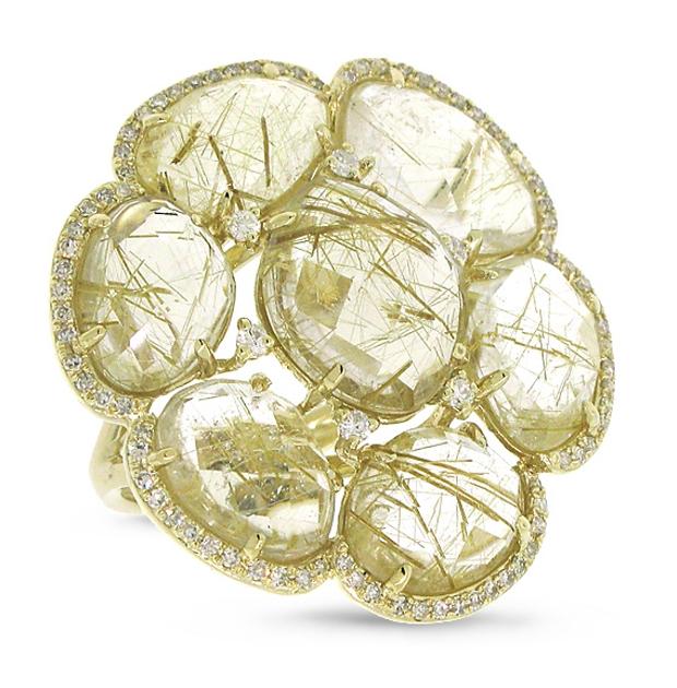 0.39 Ctw Diamond And 14.22 Ctw Golden Line Quartz 14k Yellow Gold Ring