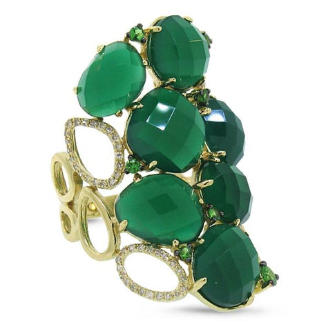0.29 Ctw Diamond And 13.33 Ctw Green Agate And Green Garnet 14k Yellow Gold Ring
