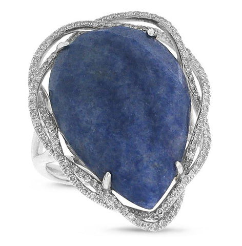 0.38 Ctw Diamond And 15.77 Ctw Blue Aventurine 14k White Gold Ring