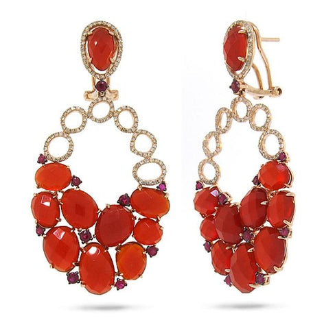 0.74 Ctw Diamond And 26.80 Ctw Red Agate And Ruby 14k Rose Gold Earring