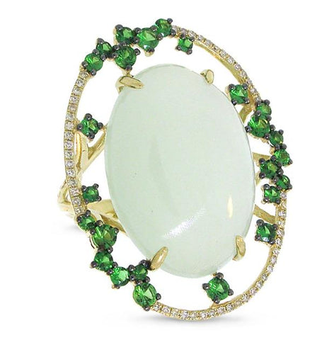 0.16 Ctw Diamond And 17.69 Ctw Green Carbonate And Green Garnet 14k Yellow Gold Ring
