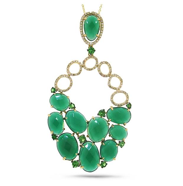 0.40 Ctw Diamond And 15.12 Ctw Green Agate And Green Garnet 14k Yellow Gold Pendant Necklace With 18 Inch Chain