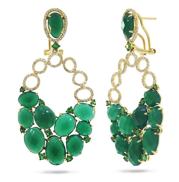 0.74 Ctw Diamond And 25.00 Ctw Green Agate And Green Garnet 14k Yellow Gold Earring