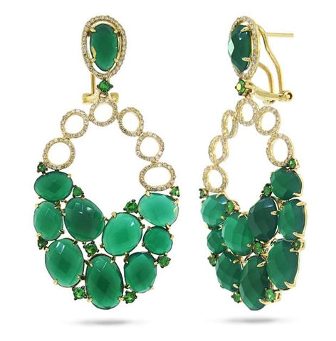 0.74 Ctw Diamond And 25.00 Ctw Green Agate And Green Garnet 14k Yellow Gold Earring