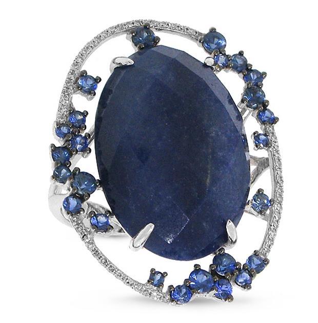 0.16 Ctw Diamond And 19.31 Ctw Blue Aventurine And Blue Sapphire 14k White Gold Ring