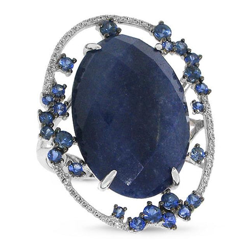 0.16 Ctw Diamond And 19.31 Ctw Blue Aventurine And Blue Sapphire 14k White Gold Ring