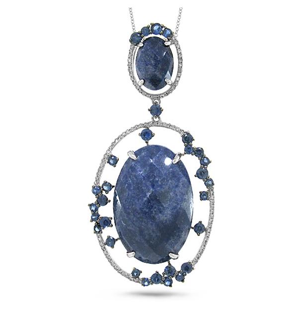 0.28 Ctw Diamond And 25.55 Ctw Blue Aventurine And Blue Sapphire 14k White Gold Pendant Necklace With 18 Inch Chain