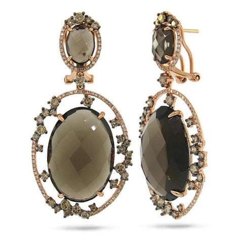 2.65 Ctw White And Champagne Diamond And 39.93 Ctw Smokey Topaz 14k Rose Gold Earring