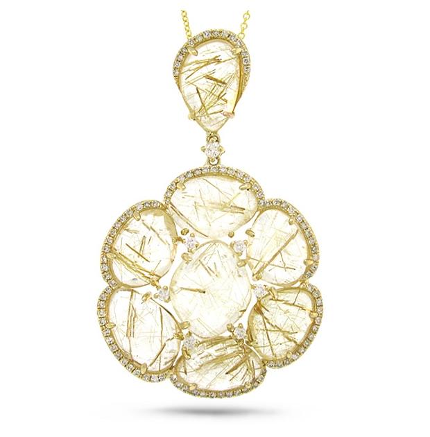 0.48 Ctw Diamond And 16.33 Ctw Golden Line Quartz 14k Yellow Gold Pendant Necklace With 18 Inch Chain