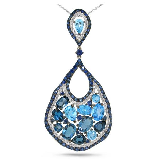 0.53 Ctw Diamond And 10.12 Ctw Blue Sapphire And Blue Topaz And London Blue Topaz 14k White Gold Pendant With 18 Inch Chain