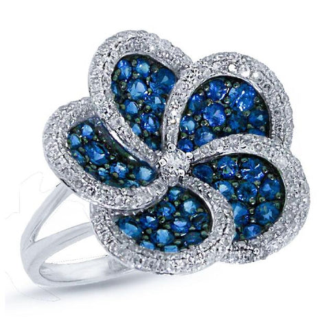0.75 Ctw Diamond And 1.64 Ctw Blue Sapphire 14k White Gold Flower Ring