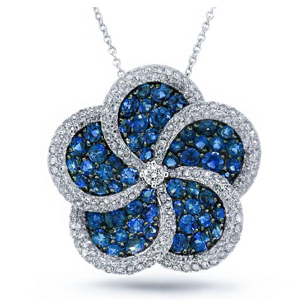 0.94 Ctw Diamond And 2.57 Ctw Blue Sapphire 14k White Gold Flower Pendant Necklace With 18 Inch Chain