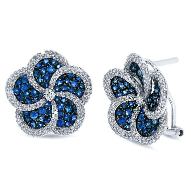 1.04 Ctw Diamond And 2.33 Ctw Blue Sapphire 14k White Gold Flower Earring