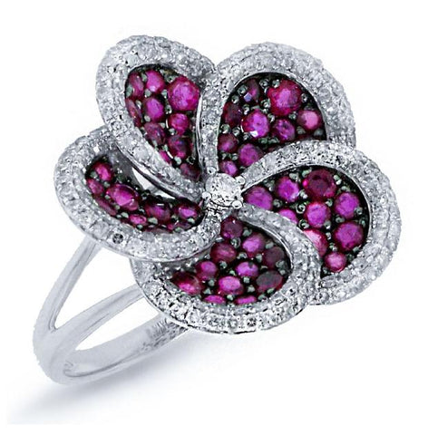 0.75 Ctw Diamond And 1.78 Ctw Ruby 14k White Gold Flower Ring