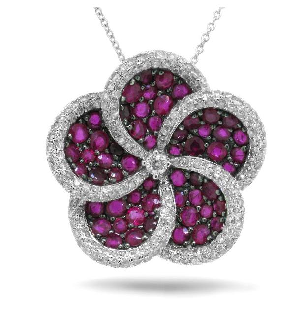 0.94 Ctw Diamond And 2.72 Ctw Ruby 14k White Gold Flower Pendant Necklace With 18 Inch Chain