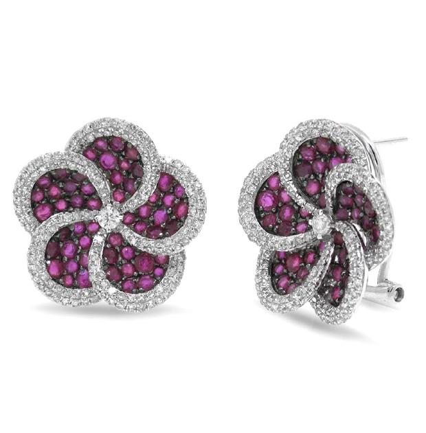 1.04 Ctw Diamond And 2.64 Ctw Ruby 14k White Gold Flower Earring