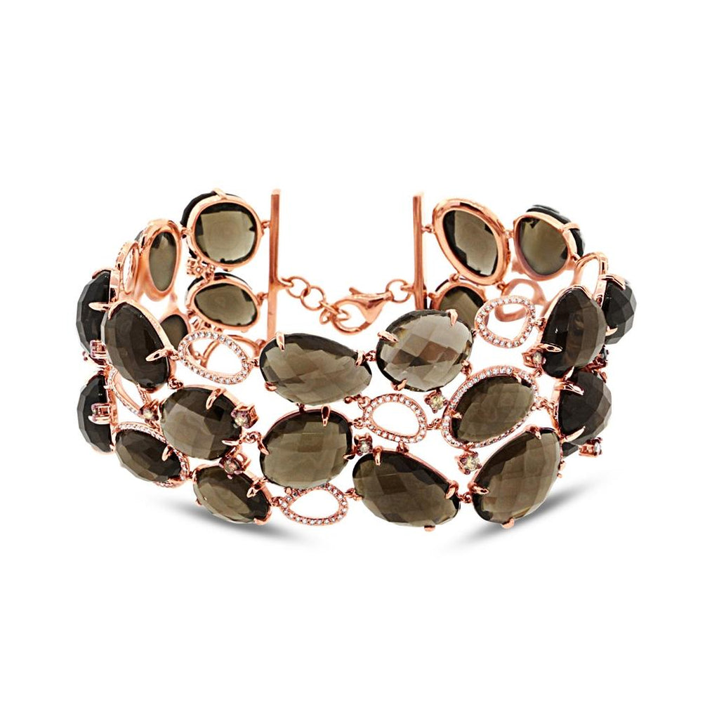 2.11 Ctw White And Champagne Diamond And 121.23 Ctw Smokey Topaz 14k Rose Gold Bracelet