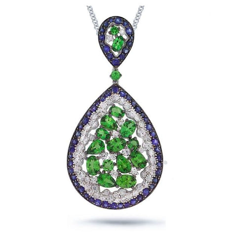 0.60 Ctw Diamond And 10.10 Ctw White And Blue Sapphire And Green Garnet 14k White Gold Pendant Necklace With 18 Inch Chain