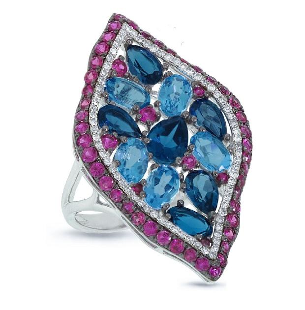 0.30 Ctw Diamond And 7.71 Ctw Blue And London Blue Topaz And Pink Sapphire 14k White Gold Ring