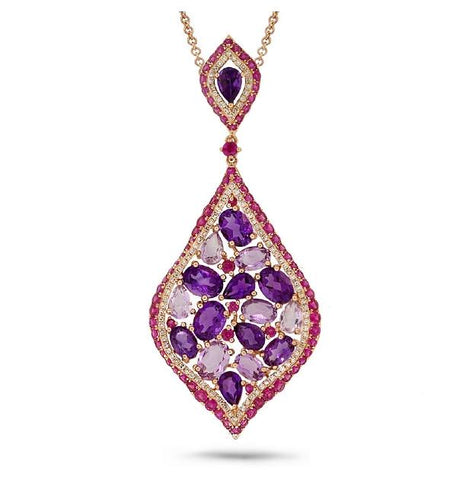 0.56 Ctw Diamond And 11.00 Ctw Amethyst And Pink Sapphire 14k Rose Gold Pendant Necklace With 18 Inch Chain