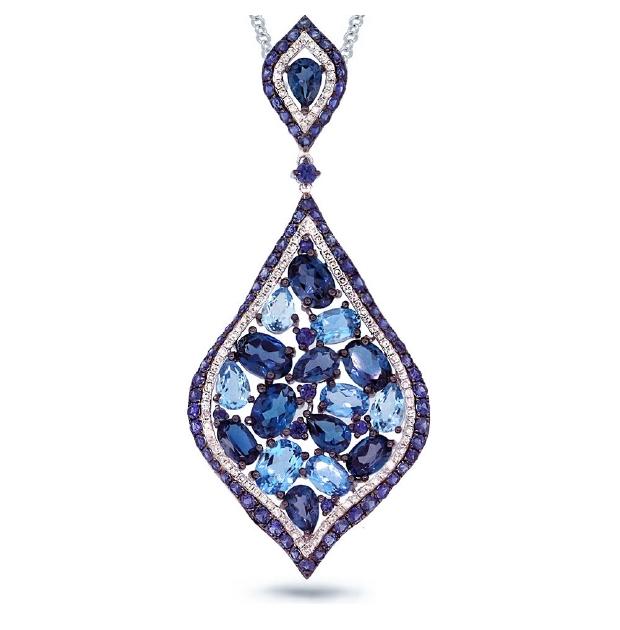 0.56 Ctw Diamond And 13.31 Ctw Blue And London Blue Topaz And Blue Sapphire 14k White Gold Pendant Necklace With 18 Inch Chain