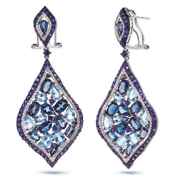 0.80 Ctw Diamond And 18.91 Ctw Blue And London Blue Topaz And Blue Sapphire 14k White Gold Earring