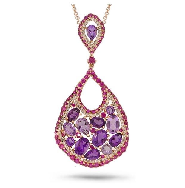 0.53 Ctw Diamond And 8.27 Ctw Amethyst And Pink Sapphire 14k Rose Gold Pendant Necklace With 18 Inch Chain