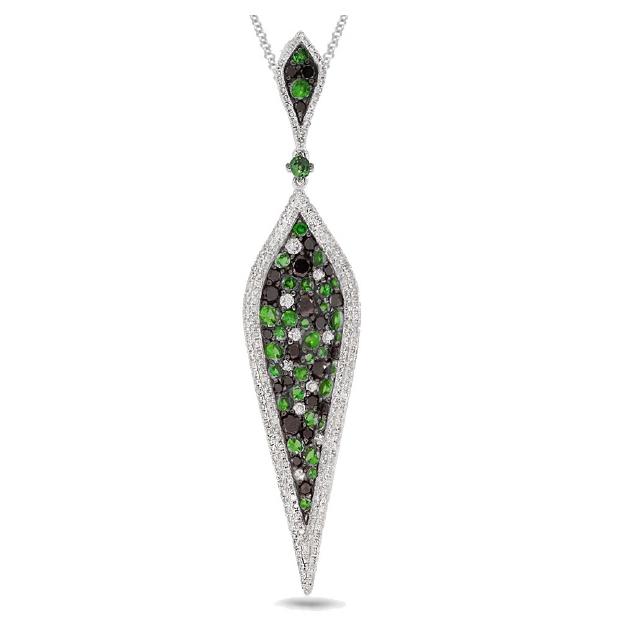 1.48 Ctw Black And White Diamond And 1.08 Ctw Green Garnet 14k White Gold Pendant Necklace With 18 Inch Chain