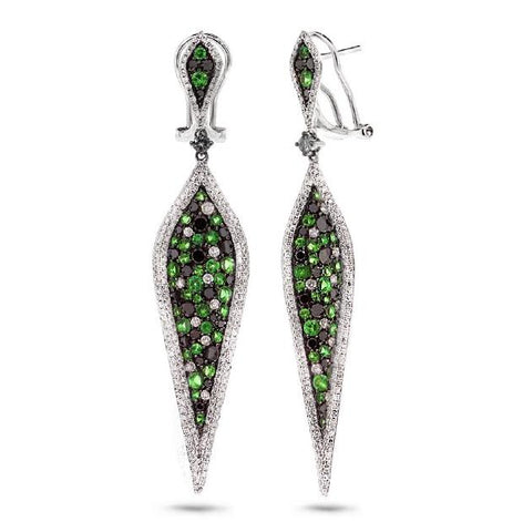 2.93 Ctw Black And White Diamond And 2.16 Ctw Green Garnet 14k White Gold Earring