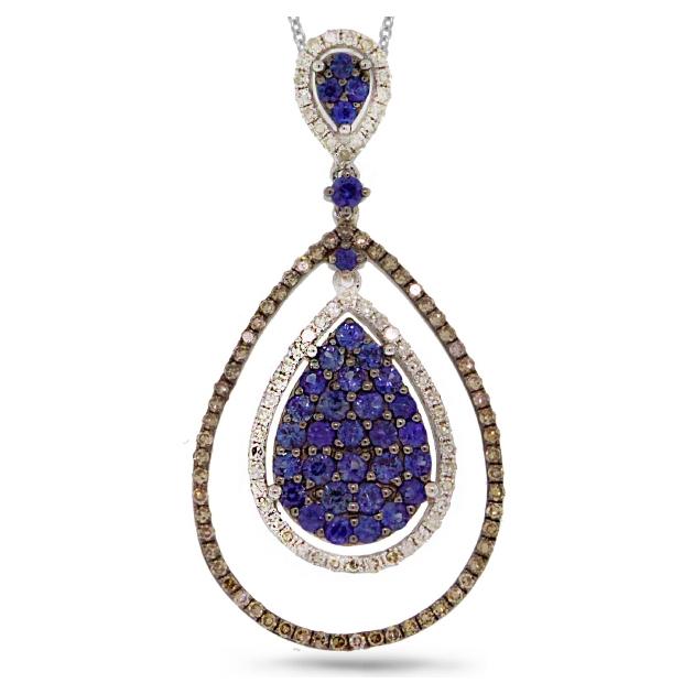 0.63 Ctw White And Champagne Diamond And 1.00 Ctw Blue Sapphire 14k White Gold Pendant Necklace With 18 Inch Chain