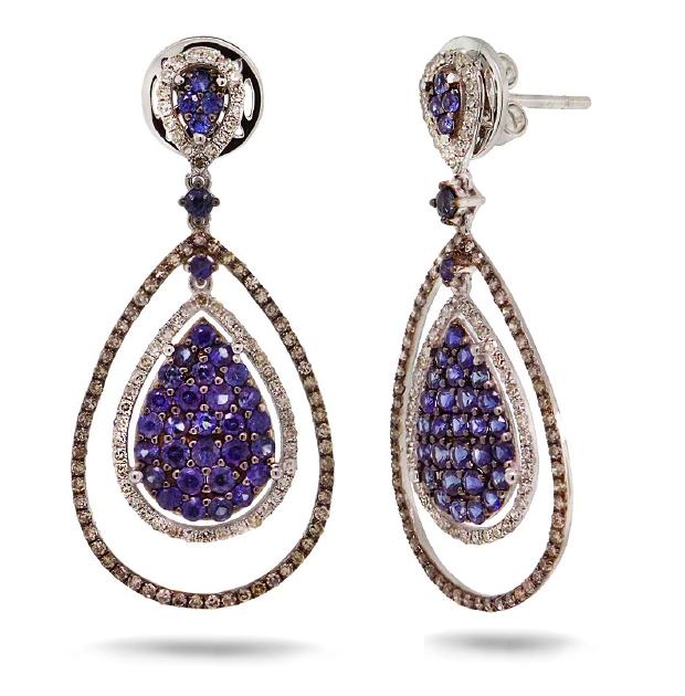 0.95 Ctw White And Champagne Diamond And 1.63 Ctw Blue Sapphire 14k White Gold Earring