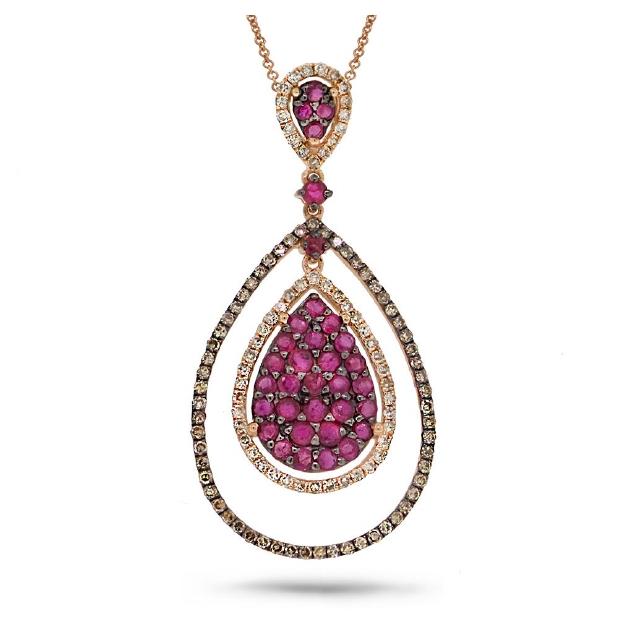 0.63 Ctw White And Champagne Diamond And 1.12 Ctw Ruby 14k Rose Gold Pendant Necklace With 18 Inch Chain