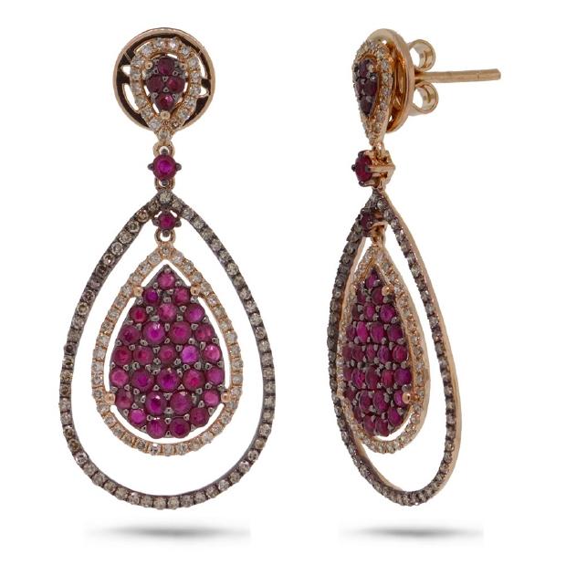 0.95 Ctw White And Champagne Diamond And 1.97 Ctw Ruby 14k Rose Gold Earring