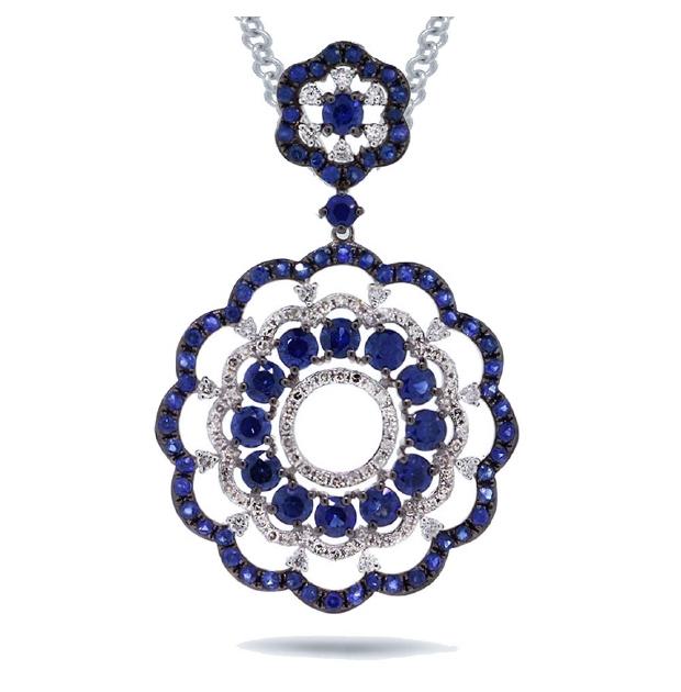 0.61 Ctw Diamond And 3.88 Ctw Blue Sapphire 14k White Gold Pendant Necklace With 18 Inch Chain