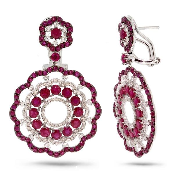 1.00 Ctw Diamond And 6.38 Ctw Ruby 14k White Gold Earring