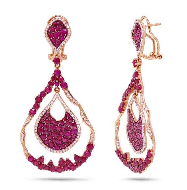 1.00 Ctw Diamond And 8.22 Ctw Ruby 18k Rose Gold Earring