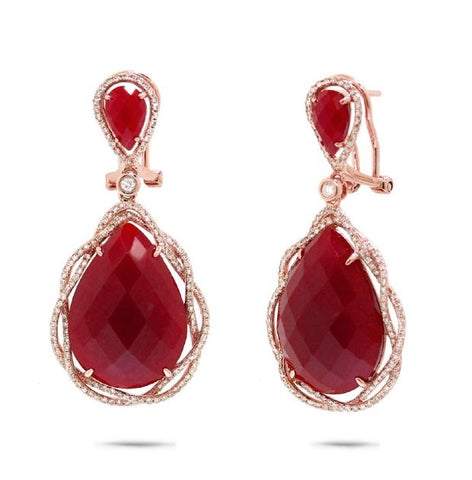 0.93 Ctw Diamond And 23.79 Ctw Red Agate 14k Rose Gold Earring